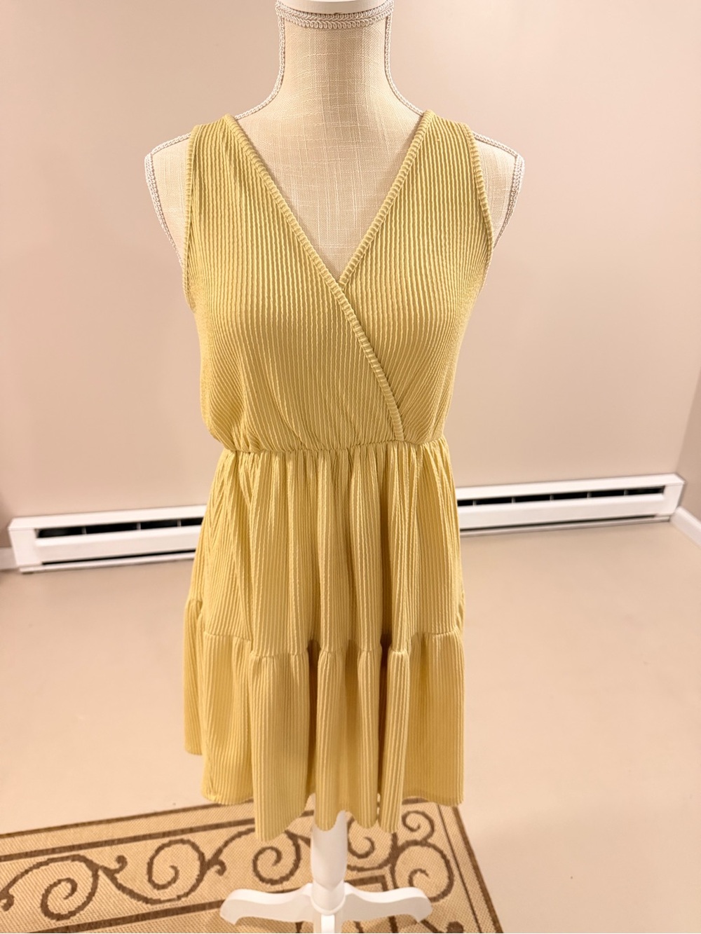 Caution To The Wind Yellow Ribbed V-Neck Tiered Mini Dress